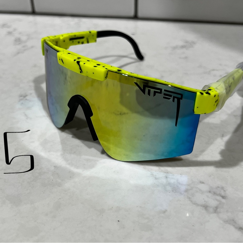 Viper Neon Yellow Speckled Shield Sunglasses with Blue Mirrored Lens